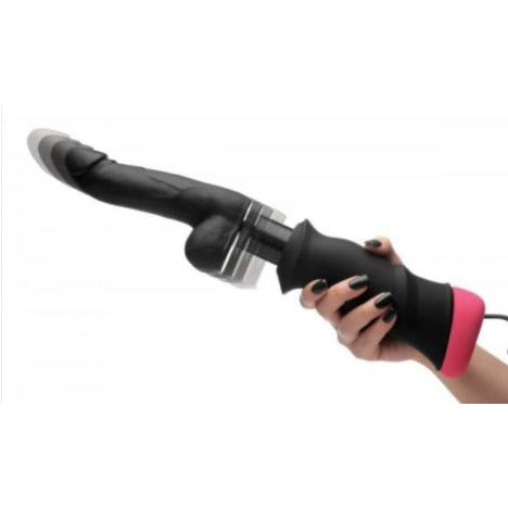 black thrusting dildo with a black and red base being held by a hand with black nails