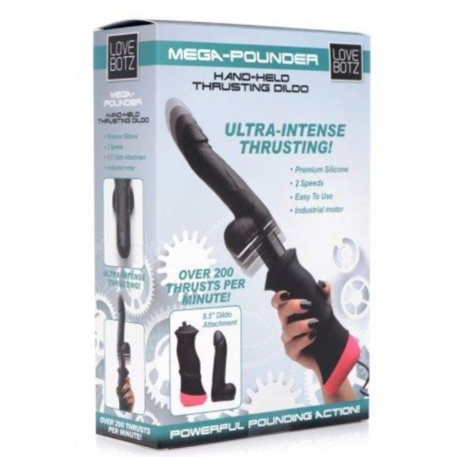 teal and grey box with black thrusting hande held dildo on cover of box