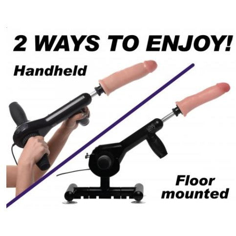 black thrusting machine with beige dildo being held and on floor mount