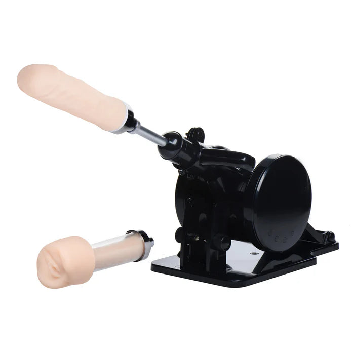 robo fuk portable sex machine on white background with dildo and vagina masturbator