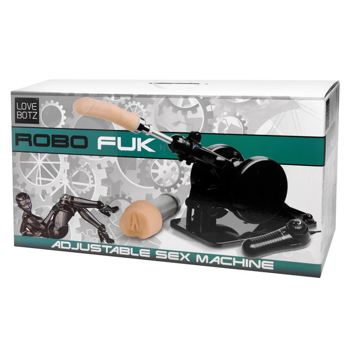 Boxed adjustable sex machine with 'Robo Fuk' branding on a white background