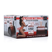 Saddle Deluxe product packaging with a woman on a white background