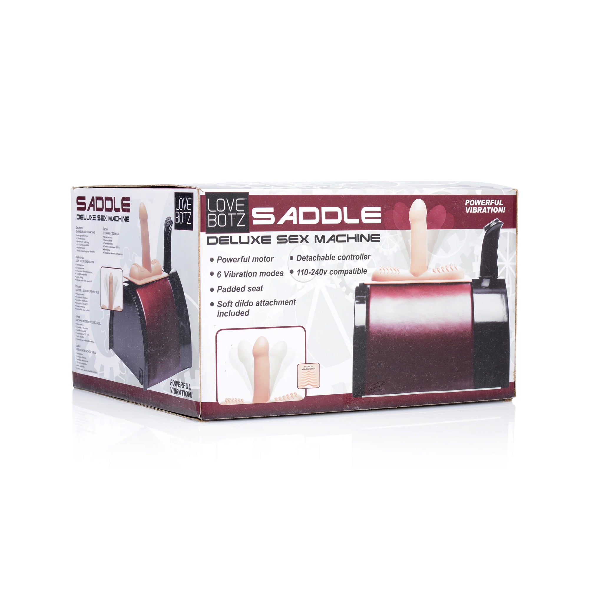 Box of Saddle Deluxe Sex Machine with branding and product details on a white background