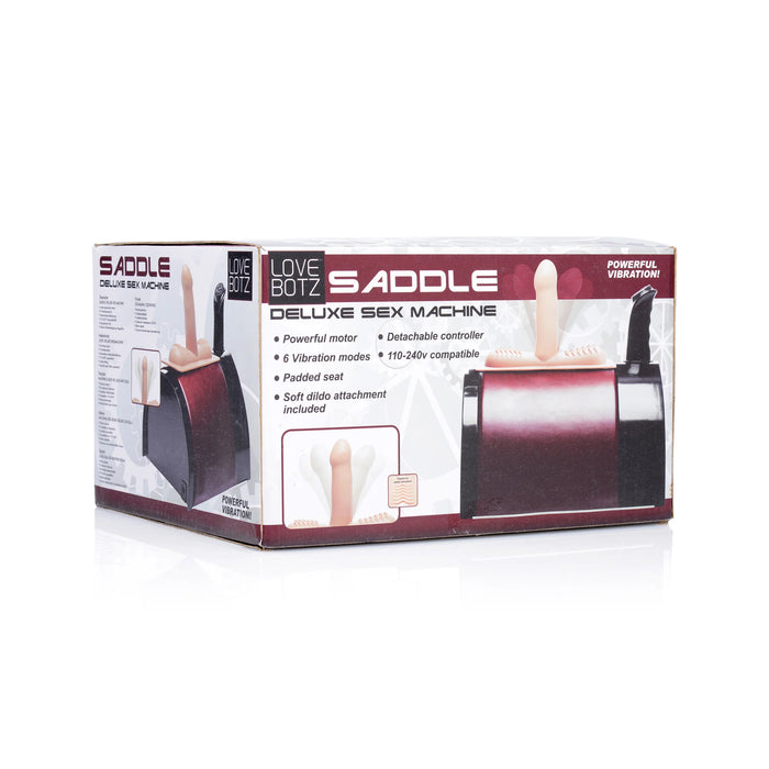 Box of Saddle Deluxe Sex Machine with branding and product details on a white background