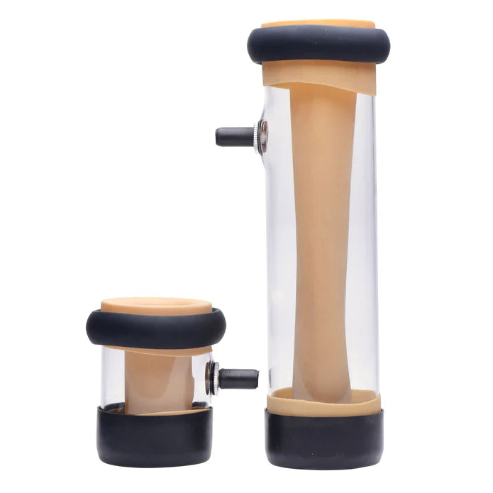 Two cylindrical objects with clear centers and beige and black ends on a white background