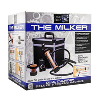 Box packaging of 'The Milker' dual cylinder stroking machine with branding and product details.