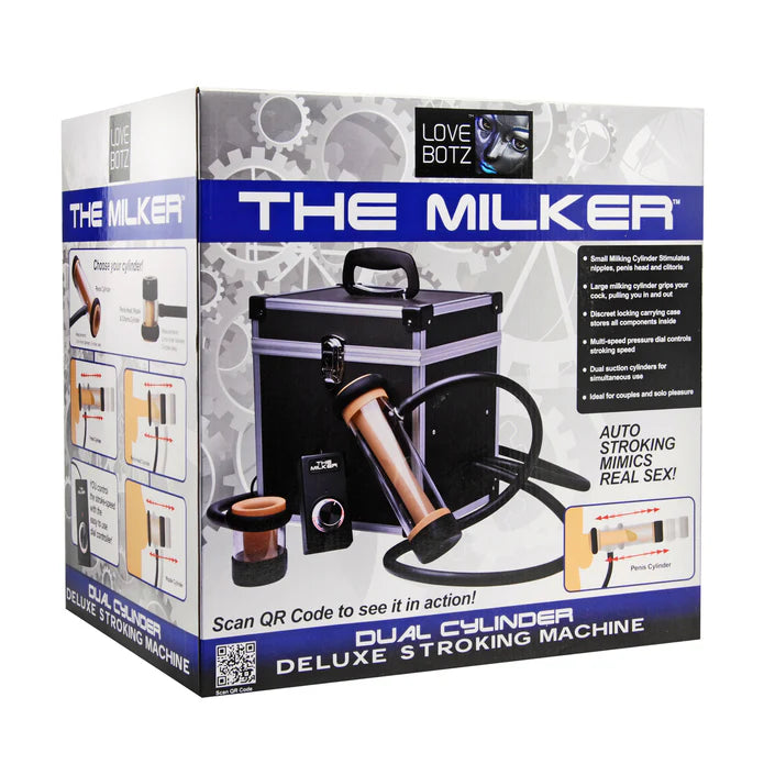 Box packaging of 'The Milker' dual cylinder stroking machine with branding and product details.