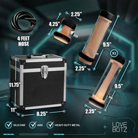 Product packaging with dimensions and features highlighted on a dark background