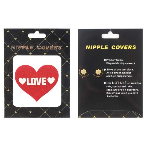 Nipple covers packaging with a red heart and 'LOVE' text on a black background.