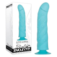 a blue curved tip dildo with studs and twisted ridges on the shaft. It has a suction cup base and is shown next to its white display box