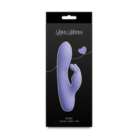 lilac vibrator with rabbit clitoral stimulator on box packaging