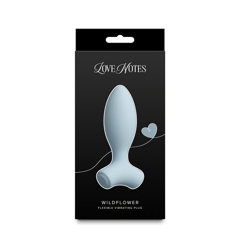 blue vibrating anal plug with bottom base feet on box packaging