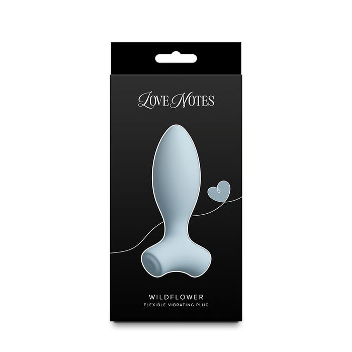 blue vibrating anal plug with bottom base feet on box packaging