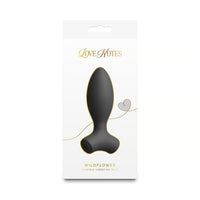 black vibrating anal plug with bottom base feet on box packaging