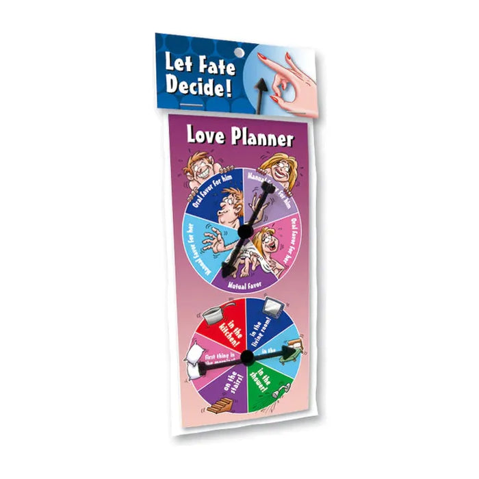 The image shows a product packaging for the Love Planner by Ozze Creations. The packaging features illustrations of characters and命运 wheels, with colors and design elements suggesting romance and destiny themes.