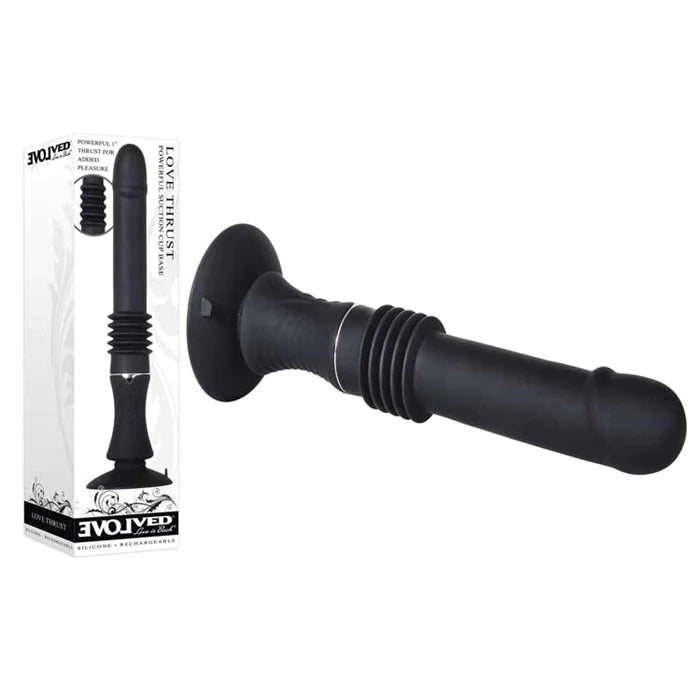 a black thrusting vibe with a suction cup base, a single ridge at the head and a smooth shaft, shown next to its white display box