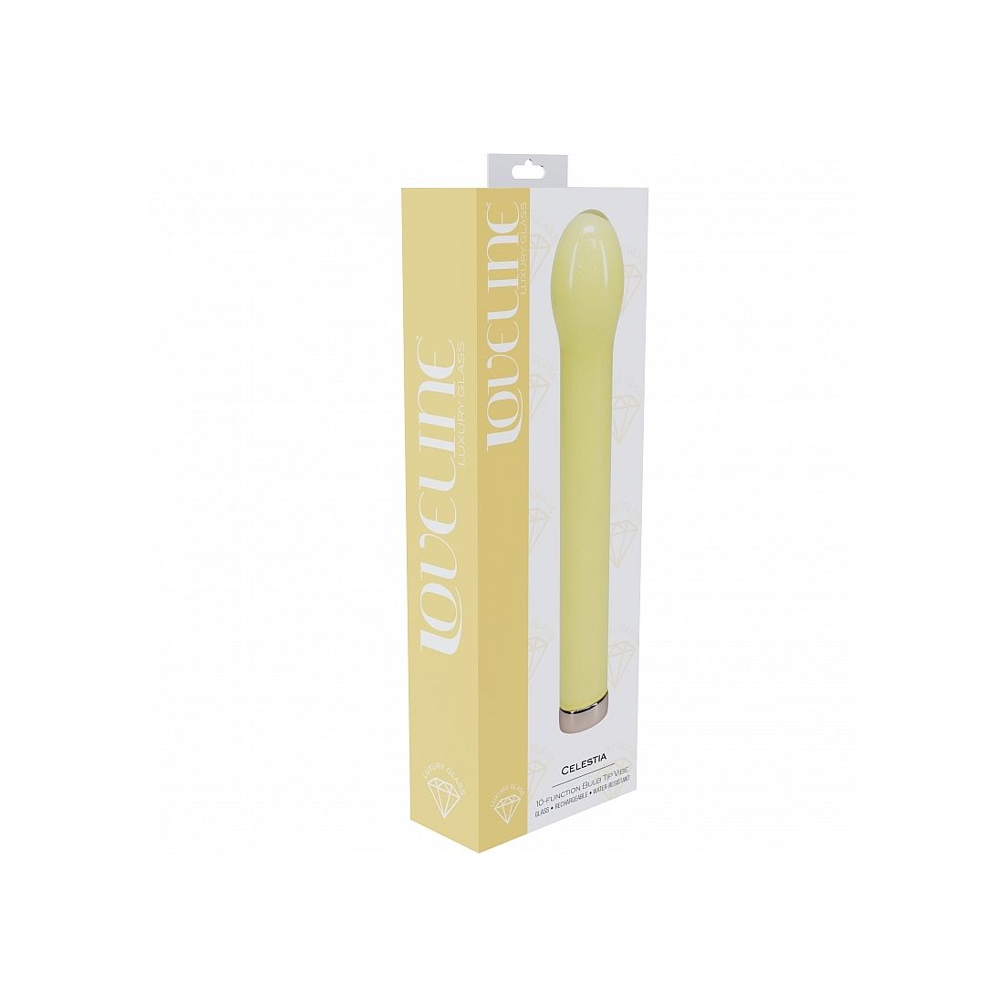 Yellow bulb vibrator in packaging with visible brand name on a white background