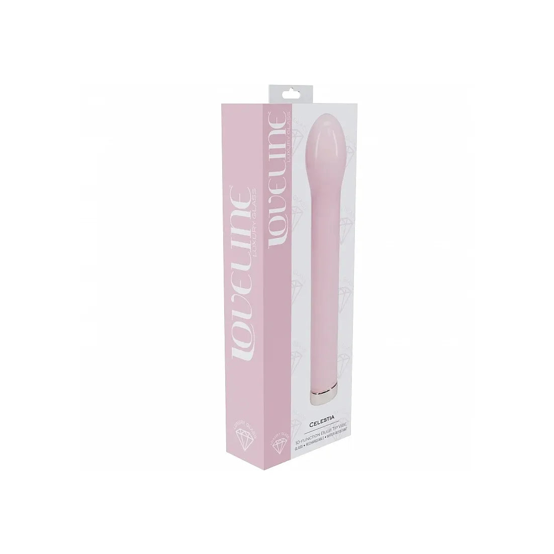 A pink personal massager in its retail packaging, featuring a sleek curved design with a silver accent at the base, displayed on a clean white background.