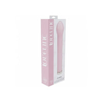 A pink personal massager in its retail packaging, featuring a sleek curved design with a silver accent at the base, displayed on a clean white background.