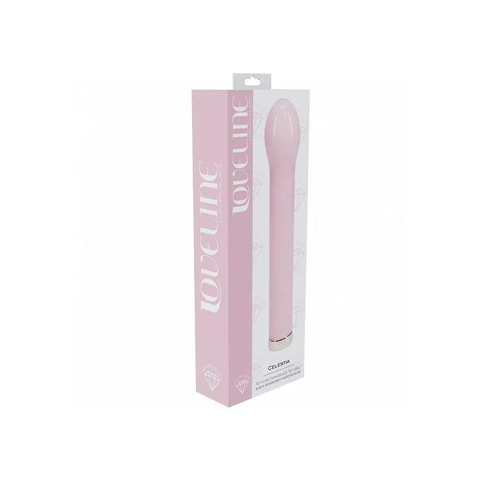 A pink personal massager in its retail packaging, featuring a sleek curved design with a silver accent at the base, displayed on a clean white background.