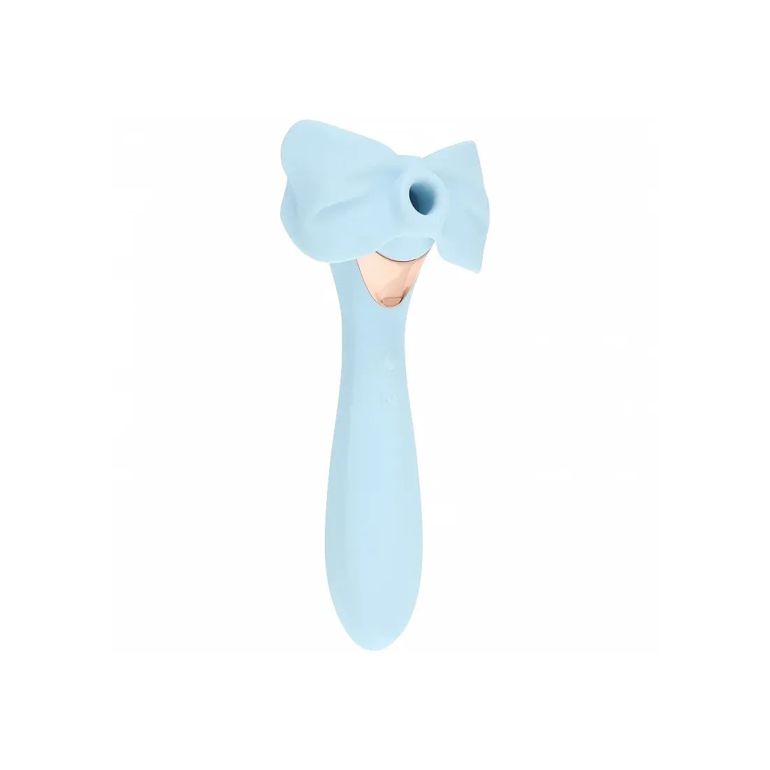 A light blue personal massager with a bow-shaped silicone head and a rose gold inner accent, shown against a plain white background.