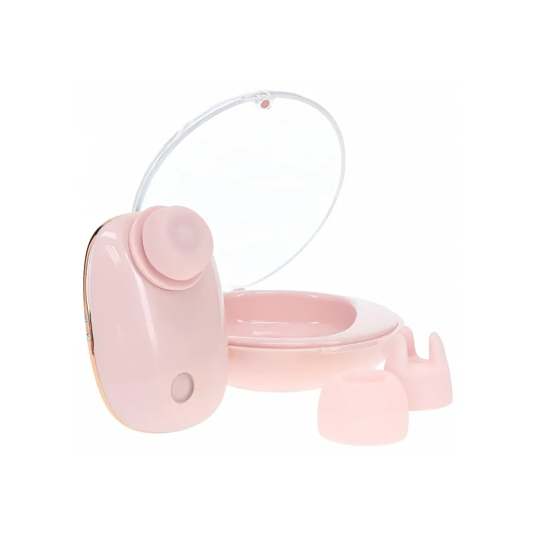 Pink clitoral vibrator with charging case on a white background