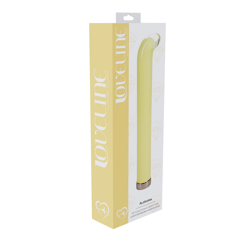 Yellow g spot vibrator in packaging with 'loveline' branding on a white background