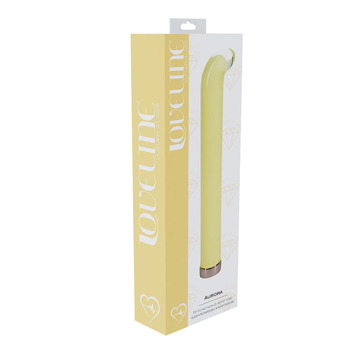 Yellow g spot vibrator in packaging with 'loveline' branding on a white background