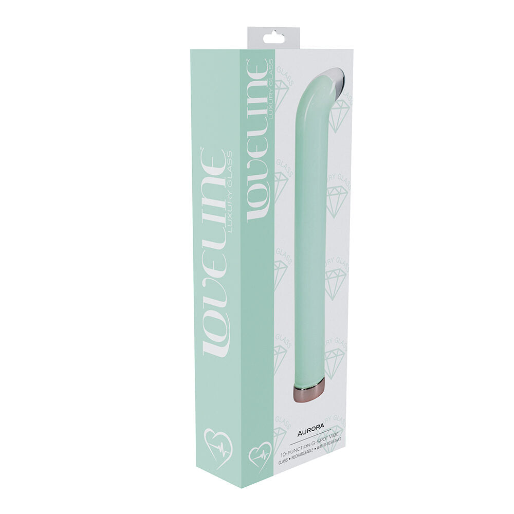 Mint green g spot vibrator in packaging with 'loveline' branding on a white background