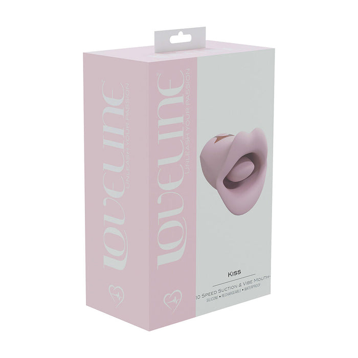 Product packaging for kiss vibrating mouth with 'loveline' branding on a white background