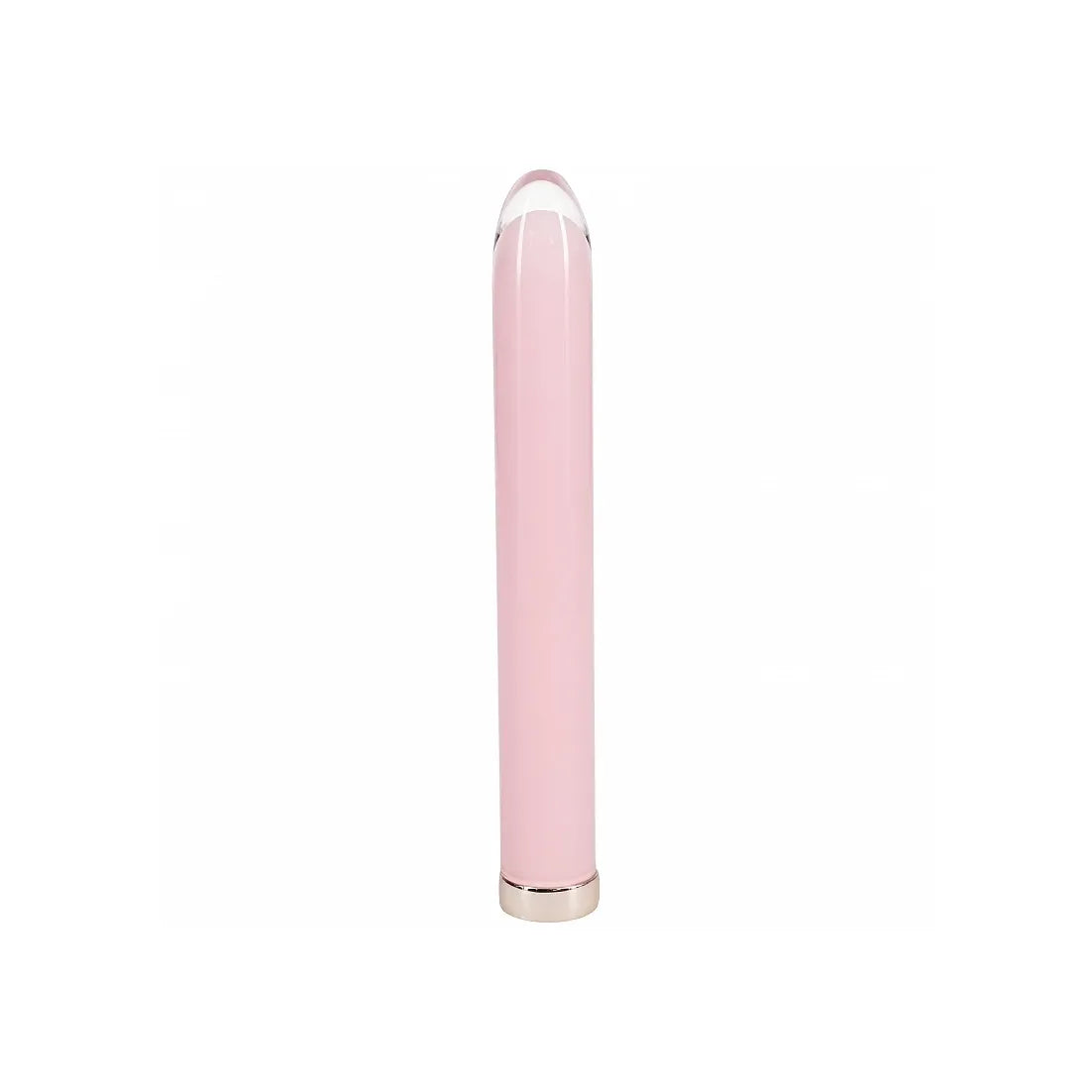 A sleek, minimalist pink glass vibrator device with a glossy finish, featuring a clear rounded top and a metallic silver base, set against a solid white background.