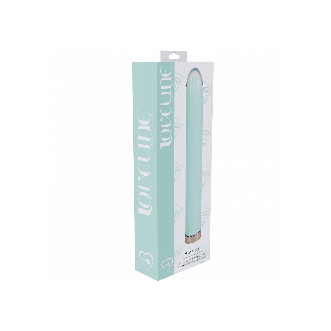 Mint green glass vibrator product with packaging labeled 'LOVELINE' on a white background