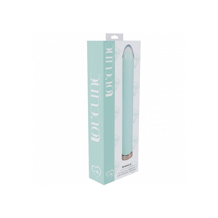 Mint green glass vibrator product with packaging labeled 'LOVELINE' on a white background