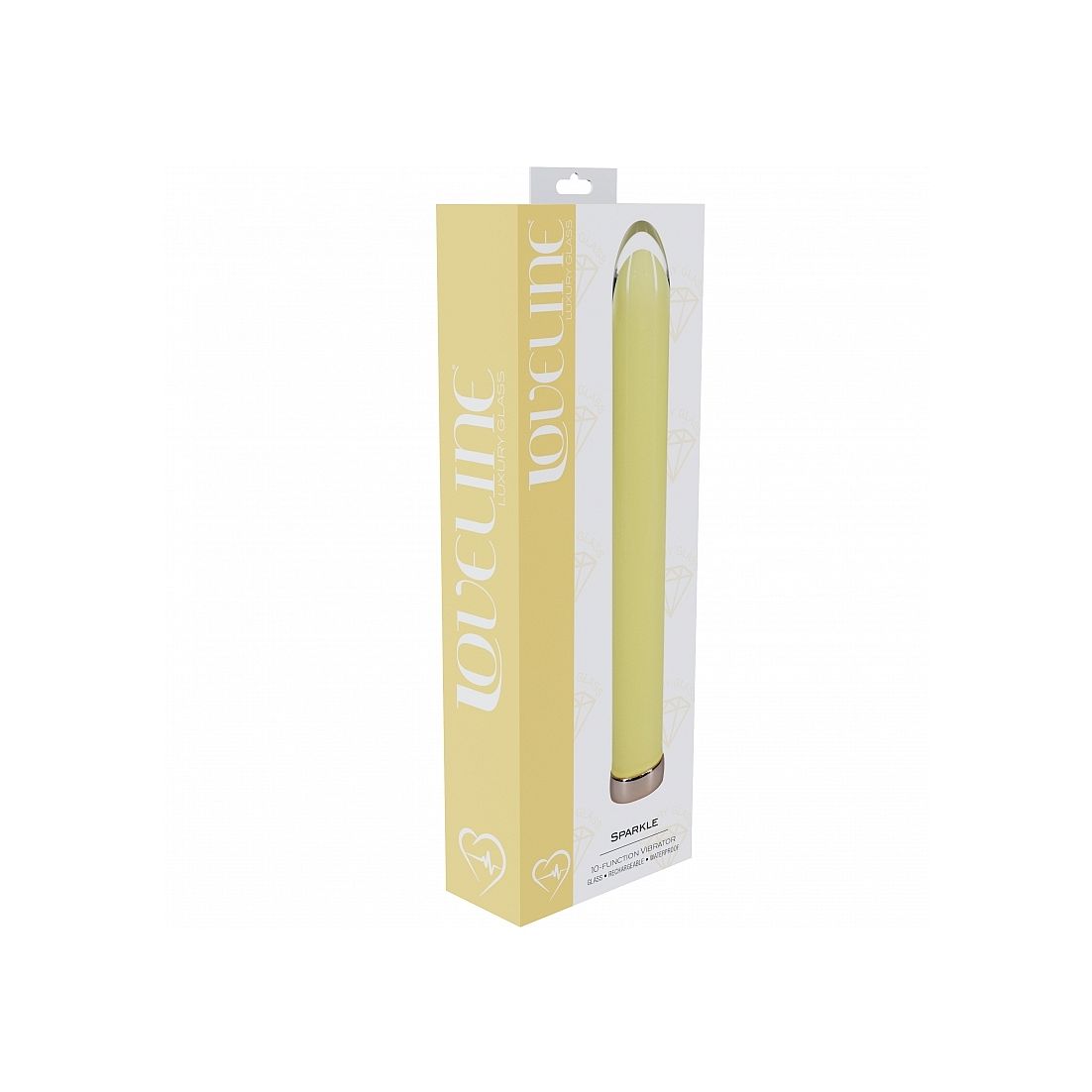 Yellow glass vibrator product in a white box with 'LOVELINE' branding on a white background