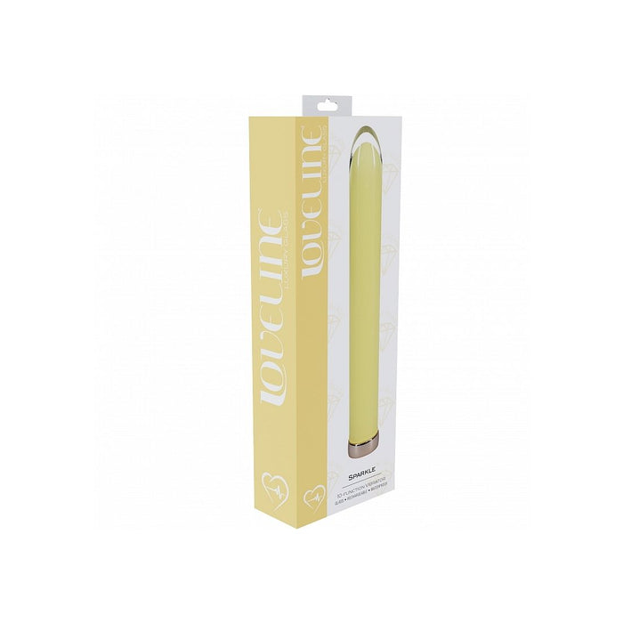 Yellow glass vibrator product in a white box with 'LOVELINE' branding on a white background