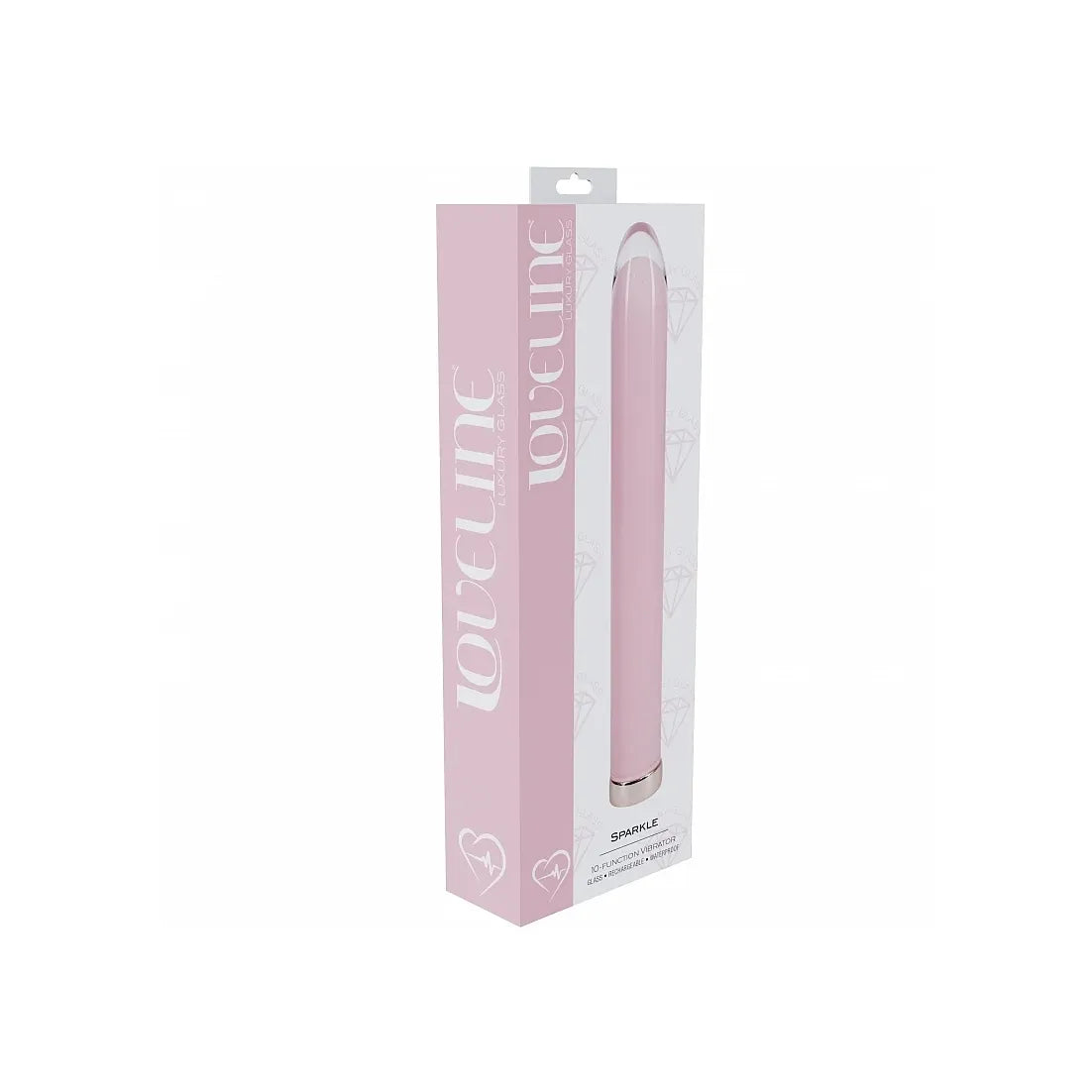Pink glass vibrator product in a 'LOVE LINE' branded box on a white background