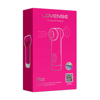 Bright pink retail box for the LOVENSE Fizz dual-head cervical vibrator, showing product line branding, product line name, product illustration, and a small circular badge on a plain white background.