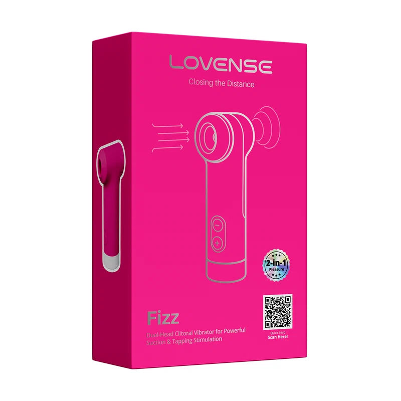 Bright pink retail box for the LOVENSE Fizz dual-head cervical vibrator, showing product line branding, product line name, product illustration, and a small circular badge on a plain white background.