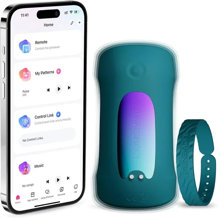 A teal and purple electronic intimate device shown with a matching wrist strap and a smartphone app screen on a white background.