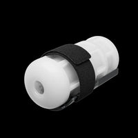 A white cylindrical plastic device with a black elastic strap, shown at an angle on a solid black background.