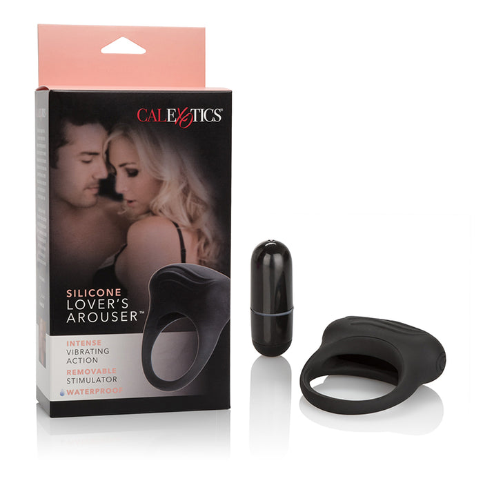 black silicone vibrating cock ring with black bullet next to cal exotics box