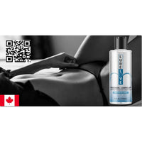 a bottle of lube lube water based with a woman laying in the background, with the canadian flag showing made in canada