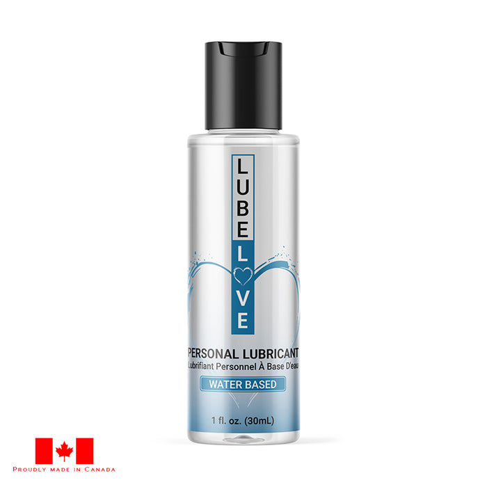 canadian made lubelove personal lunbricant with clear bottle, grey wrapper, black lid in 2oz