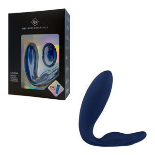 Blue silicone wearable vibrator next to its packaging on a white background