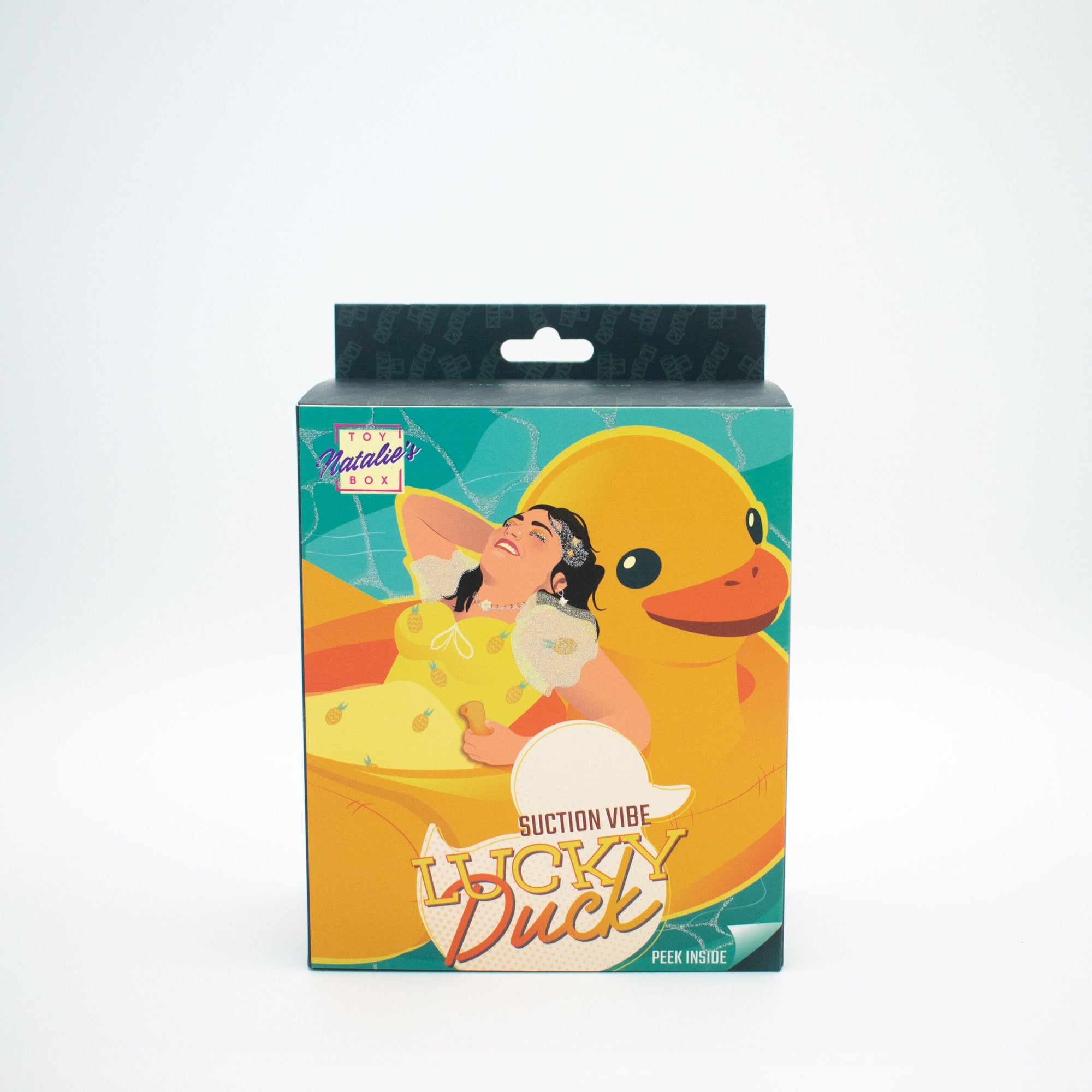 Product packaging with a cartoon duck and person, featuring the brand 'Lucky Duck'.