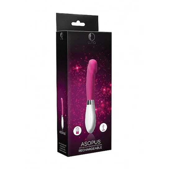 a pink and black box displaying a pink vibrator with a penis shaped head, a silver strip at the base of the shaft and a white handle