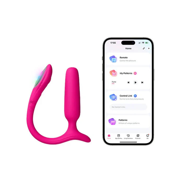 Pink lush anal plug device with a smartphone displaying an app interface on a white background