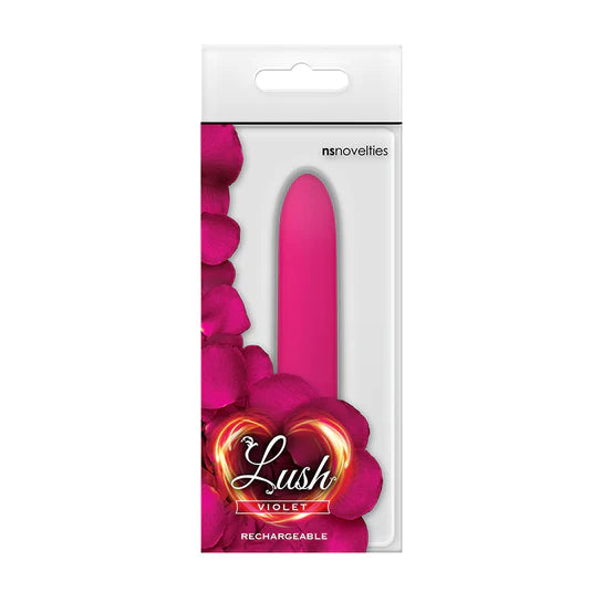 a pink and clear plastic box showing a sleek pink vibrator with a pointed tip