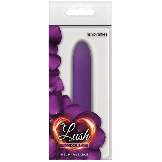 a purple and clear plastic box showing a sleek purple vibrator with a pointed tip