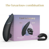 Black womanizer and We-Vibe device with 'Lust & Luxury' packaging on a white background